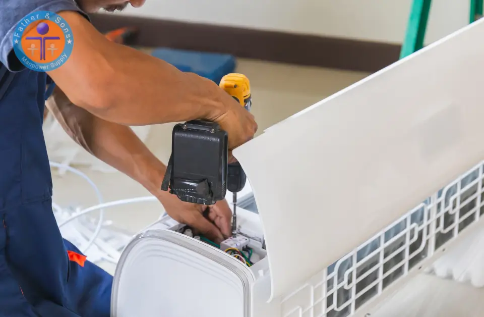 Air conditioner technician installing white AC.